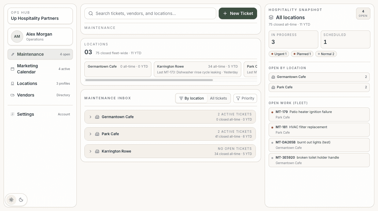 Restaurant Operations Hub maintenance dashboard with inbox, locations, and fleet snapshot